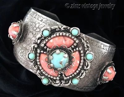 Vintage 1950’s Wide Faux Coral Turquoise Lucite Silver Tone Floral Cuff BRACELET • $5.99