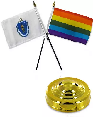 State Massachusetts & Rainbow Gay 4 X6  Flag Desk Set Table Stick Gold Base • $7.88