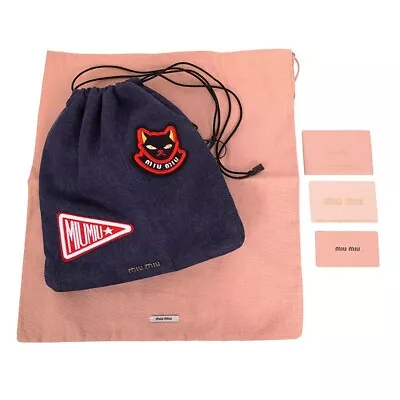 NEW $380 MIU MIU Blue Denim CAT & PENNANT LOGO PATCH Drawstring Small POUCH BAG • $229