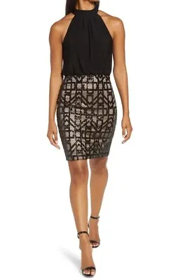 Vince Camuto $178 Sequin Detail Halter Neck Black/Tan Cocktail Mini Size 10 NWT • $76