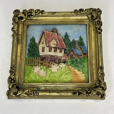 Vintage Country Cottage Cabin House Scene Cottagecore Resin Carved Wall Art 4” • $2.99