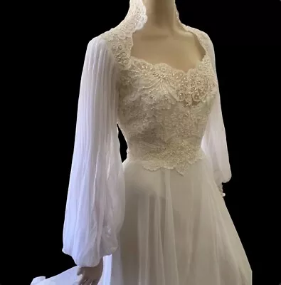 70s 80s Vintage Alfred Angelo Lace Wedding Dress Train Boho Cottagecore • $145