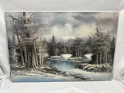 Fine Vintage Oil Painting On Canvas Artist Signed- Antonio- Winter Landscape • $133.87
