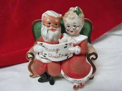 Vintage Napco JAPAN  Flocked Christmas Planter Santa And Mrs. Claus On Couch • $69.98