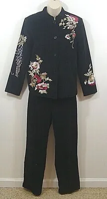 Susan Graver Style Womens Pant Suit Size XS Black Velvet With Embroidery • $35.56