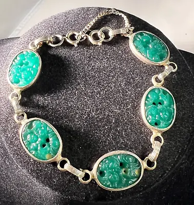 Vintage Gold Tone Asian Inspired Faux Carve Jade Bracelet W/Safety Chain • $14.95