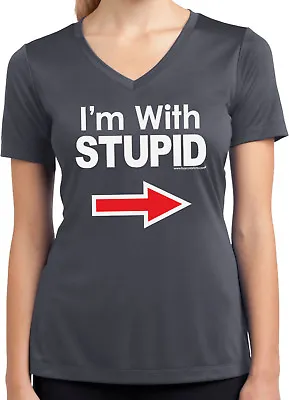 Buy Cool Shirts Ladies I'm With Stupid Shirt White Print Moisture Wicking V-Neck • £15.63