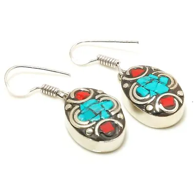 Turquoise Red Coral Handmade Ethnic Drop/Dangle Nepalese Earrings 1.50  NE 5025 • $6.49