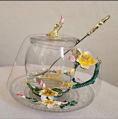Glass Tea Cup And Saucer Set With Lid And Spoon.Enamel Flower Decorative Handle • $31.99