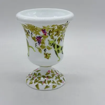 White Milk Glass Hand Painted Vintage Urn Footed Vase Cat Design • $22.99