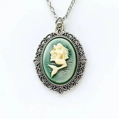 Antique Pendant Locket Mermaid Cameo Engraved Enamel Oval Necklace Vintage • $42.27