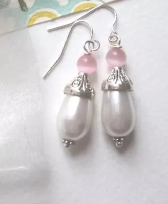 Dangle Drop Earrings Ivory Pearl Rose Quartz On  925 Silver Hooks In Gift Bag • £8.40