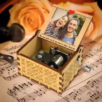 Personalized Custom Hand Crank Song Music Box With Photo And Text Gift Him Her • £14.99