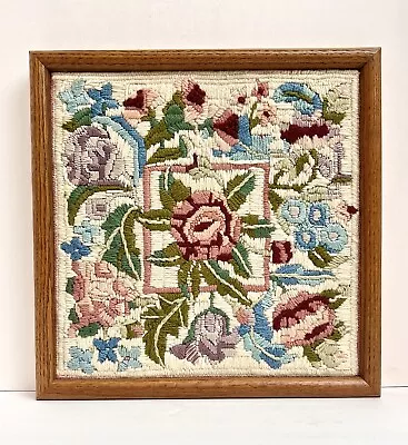 Vintage Finished Crewel Embroidered Flowers Framed Picture 13x13 Square Floral • $25