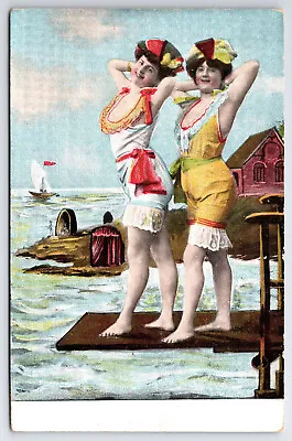 Vintage Antique C1910 Bathing Suit Postcard Two Ladies Walking The Plank • $6.99