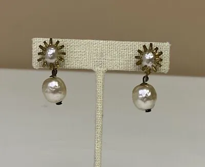 Miriam Haskell Signed Faux Baroque Pearl Drop Gold Screw Back Earrings Vintage • $89