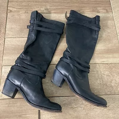 Frye Jane Womens 9.5 B 18  Tall Black Leather Harness Heeled Riding Boots 76396 • $84.99