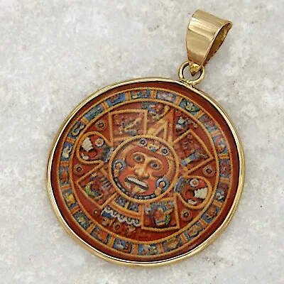 14k Real Yellow GOLD Mayan Aztec Inca Mexican Sun Calendar Round Pendant Medal • $210