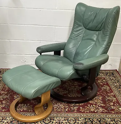 £299.99 • Buy Ekornes Stressless Swivel Recliner Green Leather Chair Made In Norway With Stool