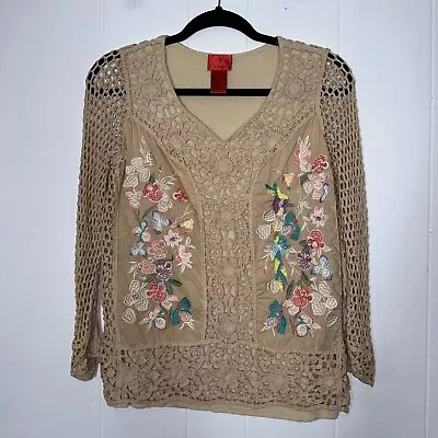 V Cristina Women’s Crochet Floral Embroidered Top Tan Size M • $18.74