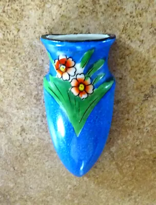 VINTAGE 1950's JAPAN 5  BLUE HAND PAINTED FLORAL PORCELAIN WALL POCKET VASE • $10.95