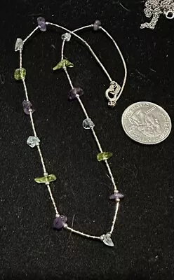 Liquid Sterling Silver Beaded Amethyst Peridot NECKLACE Native American 16” QT • $11.99