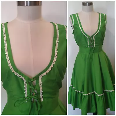 Vtg 70s PARTNERS PLEASE Square Dance Laced Front Dirndle Circle Skirt Dress M/L • $49.19