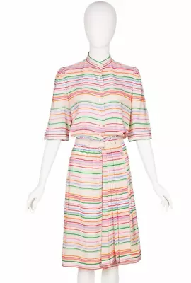 Lanvin Haute Couture 1970s Vintage Rainbow Striped Silk Pleated Shirt Dress M • $550