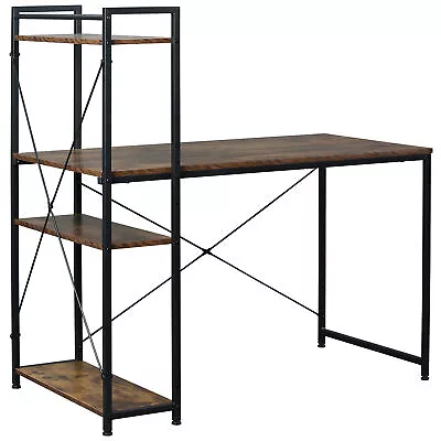 HOMCOM Computer Desk Laptop Table W/4-tier Bookshelf  Metal Frame Brown Black • £48.99