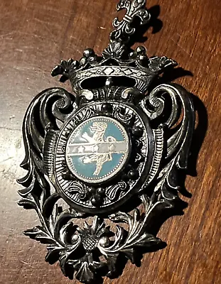 Vintage Heraldic Coat Of Arms Blue Enamel Crown Silver Metal Pendant • $35