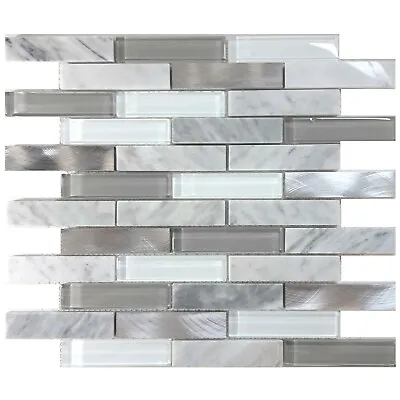 White Carrara Marble Blended Metallic And Gray Glass Mosaic Tile Backsplash • $239.50