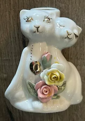 Vintage Porcelain Bud Vase Cats Pink 3D Roses Heart Gold Accents Excellent 3.75  • $18.99