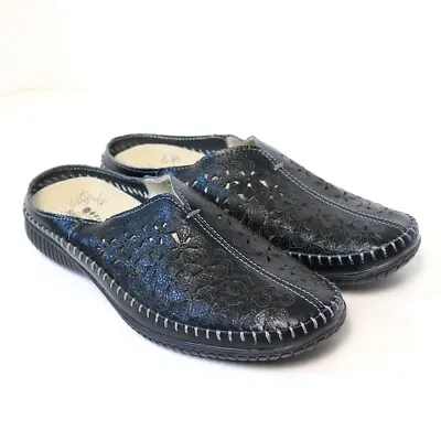 Spring Step Women Size 38 US 7.5 Black Genuine Leather Slide Mule Comfort Shoes • £21.23