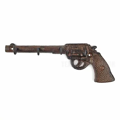 Gun Pistol Revolver Wall Hook Key Rack Cast Iron Rustic Western Brown Patina • $19.95