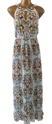 OASIS Womens Ivory Butterfly & Floral Pleat Skirt Maxi Dress Size 12 Part Lined • £19.99