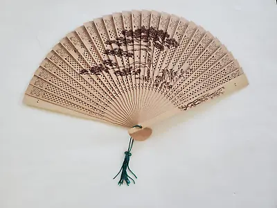 Vintage Japan Wooden Folding Hand Fan Sandalwood Painted Brown Ink 8.5  • $4.99