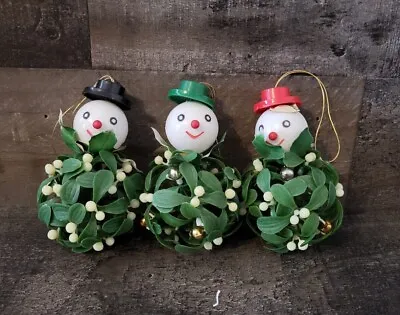 Napco Snowman Christmas Ornaments Mistletoe Ball Set Of 3 Plastic Vintage Kitsch • $39.99