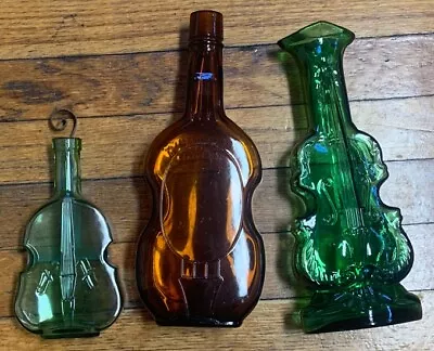 Vtg Lot 3 Violin Shaped Liquor Bottle Brown & Green Glass W/ Hanger Cello Bass • $24.99