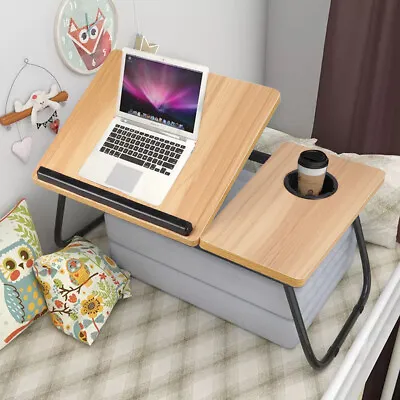 Adjustable Bed Tray With Folding Legs Serving Breakfast Lap Tray Cup Slot Table • £13.94