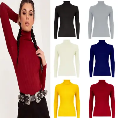 Women's Ladies Long Sleeves Ribbed Winter Turtle Polo Neck Jumper Top Sizes 8-26 • £7.99