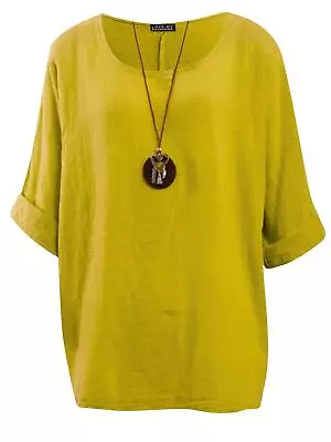 Womens Italian Plain Necklace Tunic Top Cotton Summer Long Sleeve Loose Fit Top • £10.49