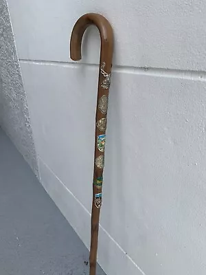 Vintage German 35” Wooden Walking Stick Cane - 7 Badges - Spike Tip • $23