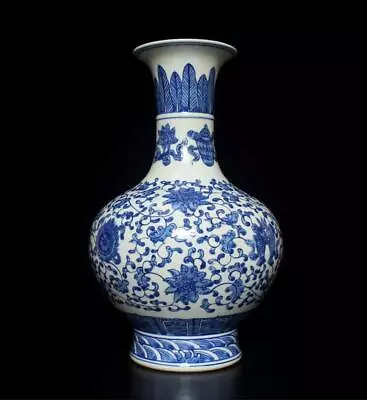 Old Chinese Blue & White Porcelain Vase W/flower Qianlong MK 34CM • $3.25