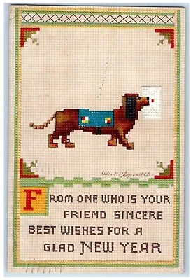1913 New Year Dog Needle Art Cross Stitch Rockville Dachshund CT Postcard • $14.98