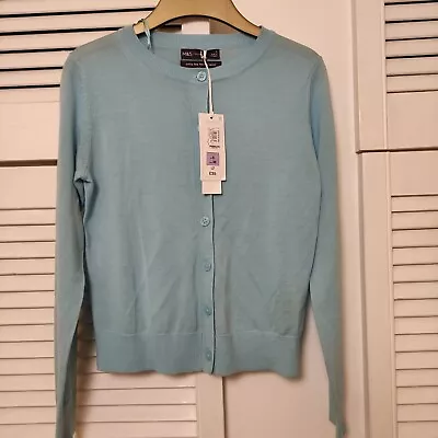 NWT M&S Size 8 Extra Fine Merino Wool Cardigan Lt Ocean • £20