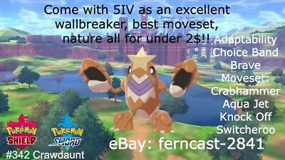 Pokemon Sword And Shield Shiny Crawdaunt 5IV Battle Ready Fast Delivery • $1.25