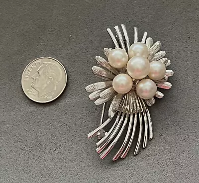 Vintage Sterling 6 Japanese Akoya Cultured Pearl Cluster 2  Pin Brooch 6.5-8 Mm • $88