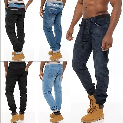 Enzo Mens Cuffed Jeans Regular Fit Jogger Denim Pants Trousers All Waist Sizes • $23.98