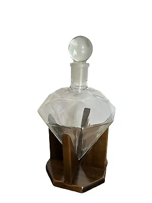 Axiam Hand-blown Diamond Whiskey Glass Decanter Bar Wood Stand • $94.03