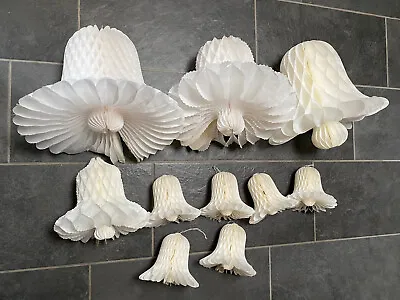 VTG Set Of 10 White Honeycomb Tissue Wedding Decor Bells Hanging Table EUC • $19.95